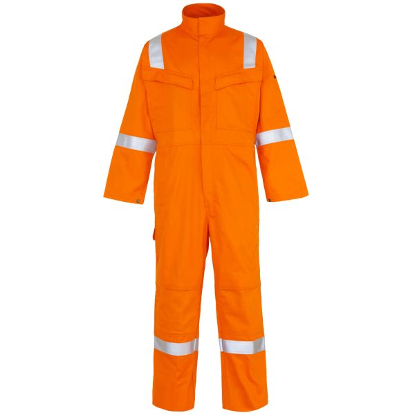 Here you find a welders flame retardant Overall or Coverall. this Welders Coverall comes in many sizes and three colours, you see here the Orange flame retardant coverall. This overall has reflective tape on the shoulder, arms and legs for added 