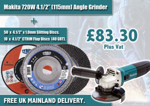 UNBEATABLE GRINDER DEAL! 50 4 1/2" Cutting Discs + 10 4 1/2" CTRIM Flap Discs + Makita 720W Angle Grinder